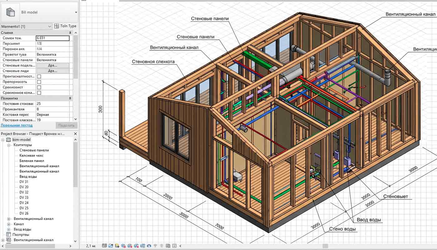 BIM-модель модульного дома с инженерными трассами